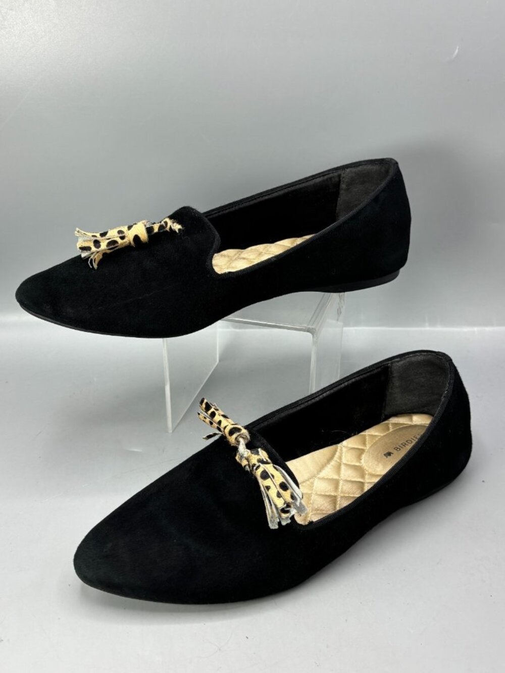 Birdies Flats Shoes Womens 8 Black Suede Cheetah Tassel Pointed Toe Slip On